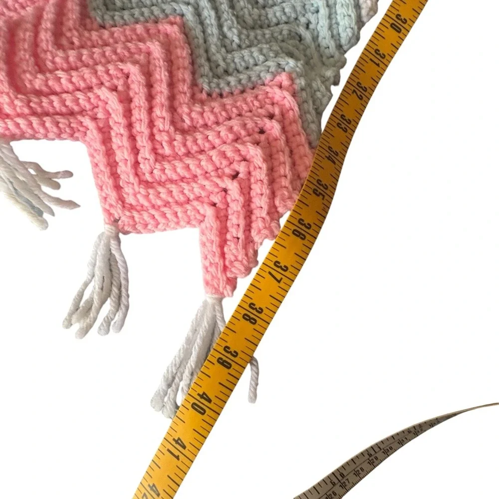 Handmade Crochet Pastel Rainbow Chevron Baby Blanket Tasseled Ripple Throw 24x39